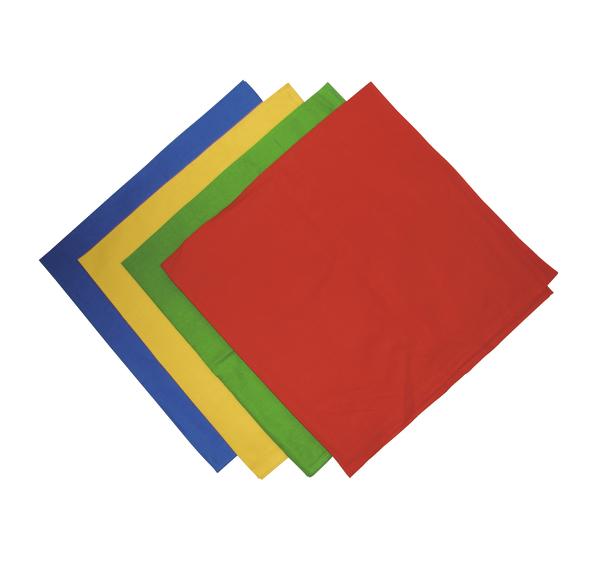 Bunte Rhythmiktücher in Blau, Gelb, Grün und Rot, quadratisch gefaltet.