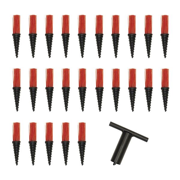 Set aus 20 schwarzen Kunststoffdübeln mit roten Bürsten und passendem Werkzeug für Reinigung.