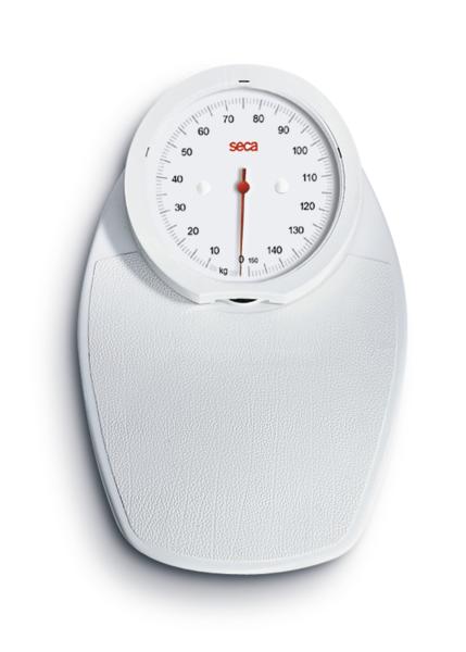 Analoge weiße Personenwaage mit rotem Zeiger und kg-Skala bis 140 Kilogramm.