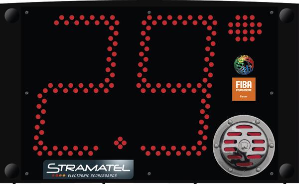 Elektronische Basketball-Anzeigetafel von Stramatel mit FIBA-Logo und Signalhorn.