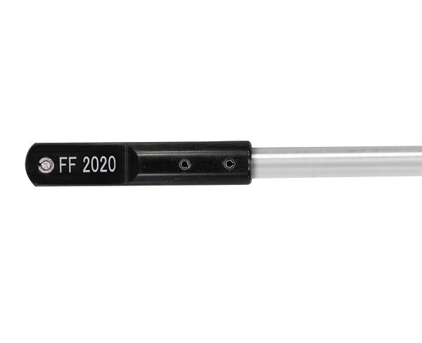 Schwarzer Kunststoffgriff mit Aufschrift "FF 2020" an einem transparenten Stab vor weißem Hintergrund.