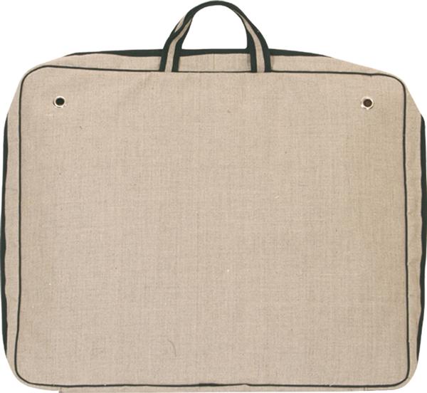 Beige Musiktasche mit Griff und schwarzem Rand, rechteckig.