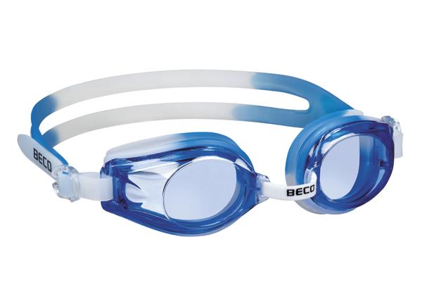 Blaue Schwimmbrille mit verstellbarem Doppelband und klarem Sichtglas, Marke BECO.