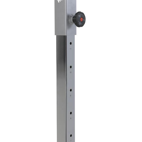 Höhenverstellbare Metallstütze mit Einstelllöchern und Drehknopf für sichere Fixierung.