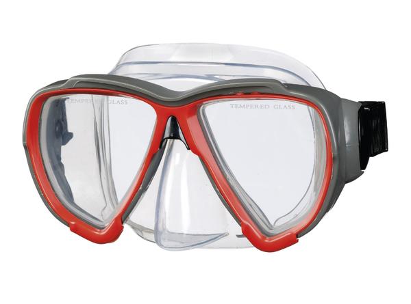 Taucherbrille mit klarem Glas und rotem Rahmen, geeignet für Unterwasseraktivitäten.