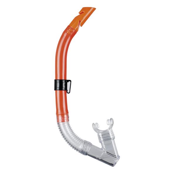Schnorchel mit orangefarbenem Rohr und transparentem Mundstück für Tauchen und Schnorcheln.