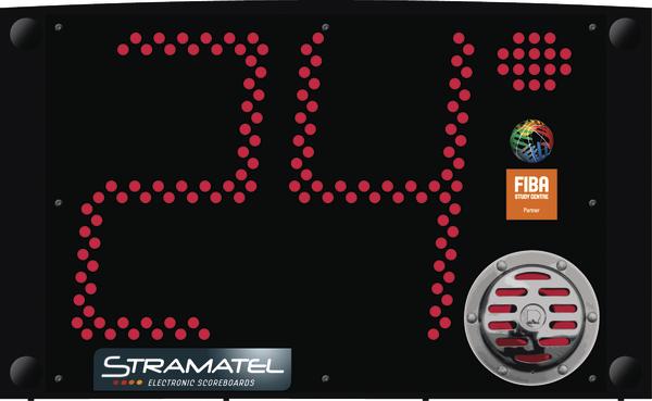 Elektronische Basketball-Anzeigetafel mit Punktestand 24 und FIBA-Logo.