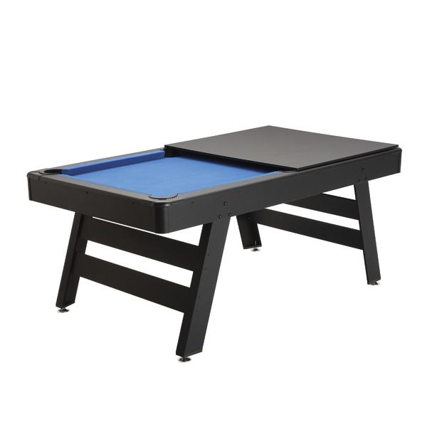 Schwarzer Billardtisch mit teilweise geöffneter Abdeckplatte und blauem Spielfeld.
