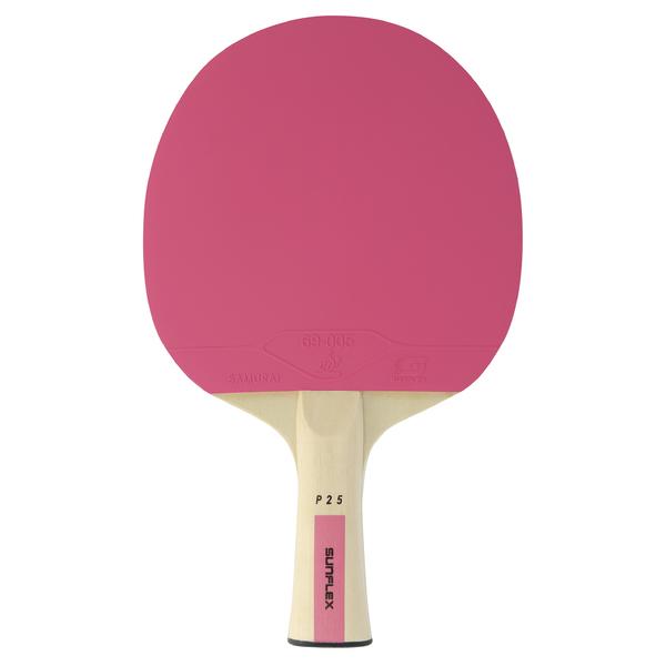 Tischtennisschläger mit pinkem Belag und hellem Holzgriff mit Sunflex-Logo.