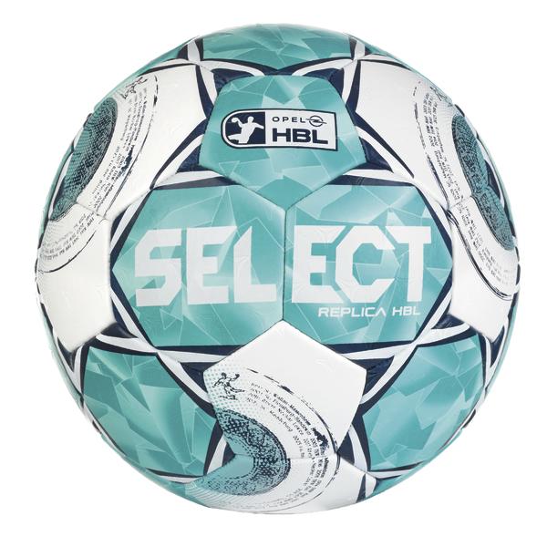 Vorderansicht eines Handballs mit türkis-weißem Design. Auf der Vorderseite sind das Opel HBL-Logo sowie die Aufschrift „SELECT REPLICA HBL“ zu sehen.