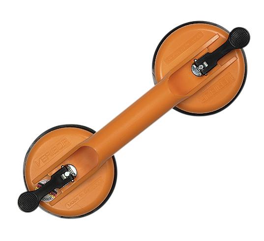 Oranger Doppel-Saugnapf mit Hebelgriff zum Heben und Transportieren glatter Oberflächen.