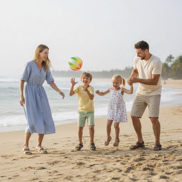 Familie spielt mit einem bunten Ball am Strand.