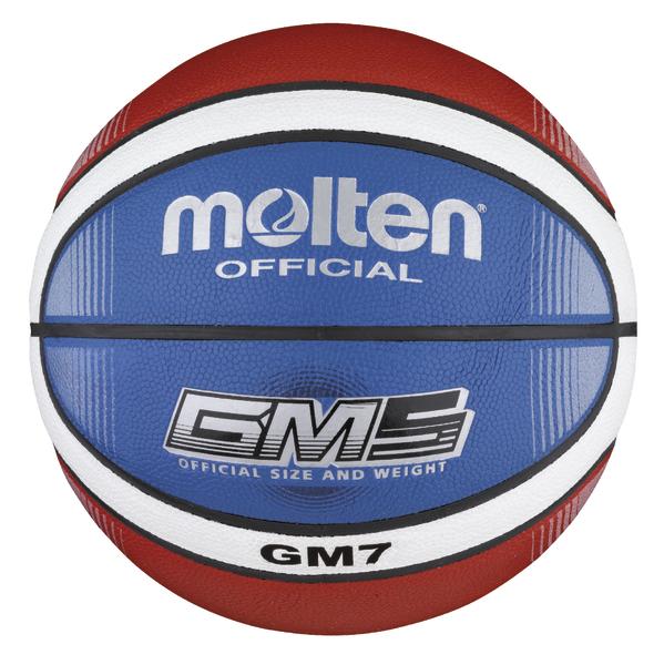 Molten GM7 Basketball in Rot, Weiß und Blau mit offiziellem Größen- und Gewichtshinweis.