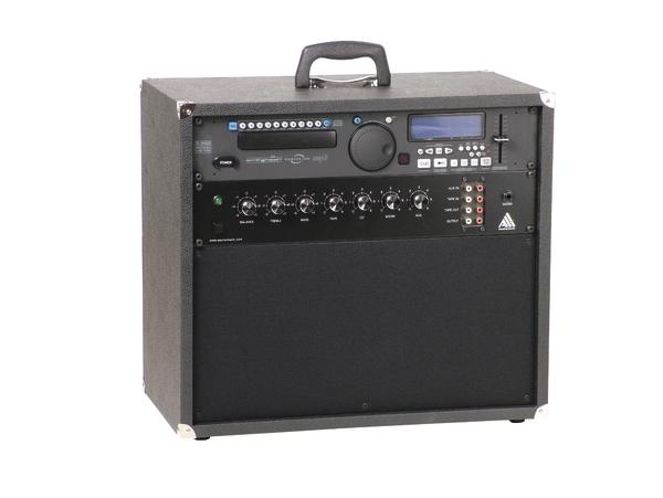 Tragbarer Audio-Mixer mit Reglern, Display und Eingängen für Musik- und Soundsteuerung.