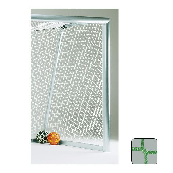 Tor mit Netz und zwei Handbällen, Nahaufnahme des grünen Netzmusters im Detail.