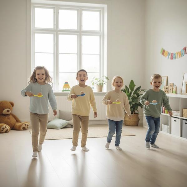 Vier Kinder laufen lachend mit Löffeln in der Hand bei einem Geschicklichkeitsspiel durch den Raum.