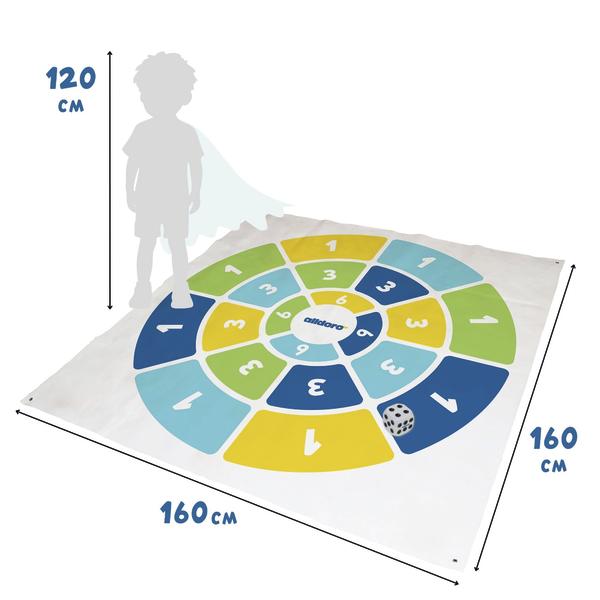 Große Zielspielmatte mit nummerierten Feldern und Maßangaben 160 × 160 cm neben Kindersilhouette zum Größenvergleich.