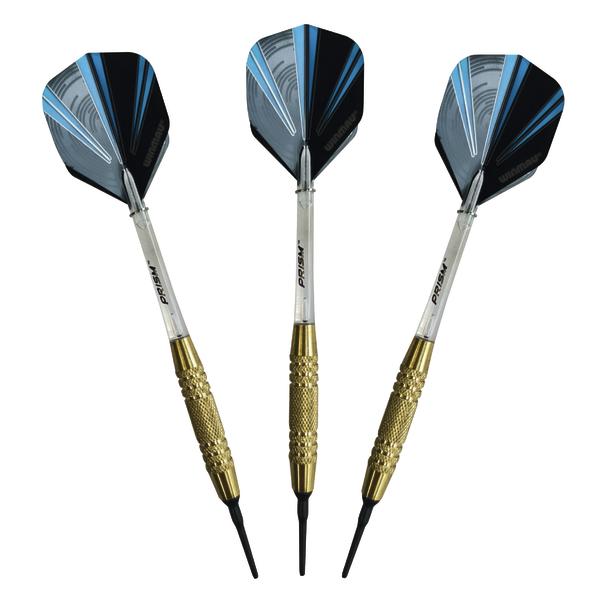 Drei professionelle Darts mit goldenen Griffen und schwarzen Flights mit blauen Akzenten.