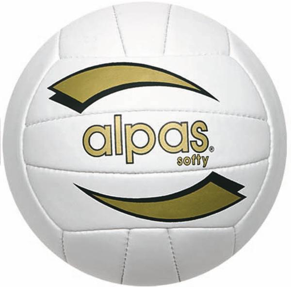 Weißer Volleyball mit gold-schwarzem alpas softy Logo, ideal für Hallen- und Freizeitspiele.