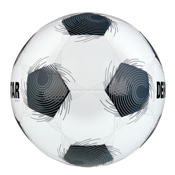 Weißer DERBYSTAR Apus TT Fußball mit schwarzem Spiraldesign, strukturierter Oberfläche und FIFA-Basic-Logo Seitenansicht