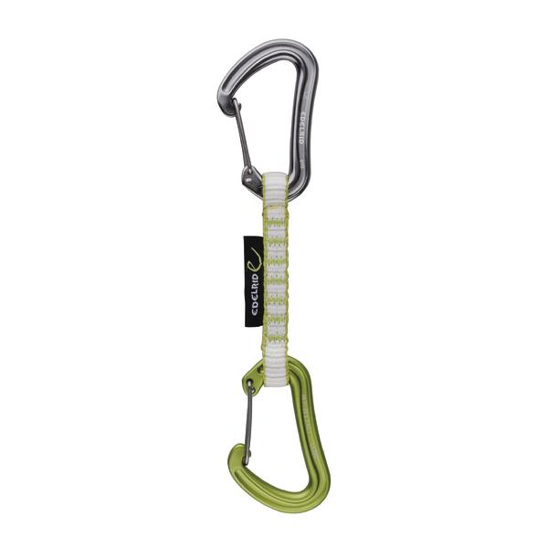 Karabiner-Set mit Expressschlinge aus Nylon für Klettern und Bergsport, silber und grün.