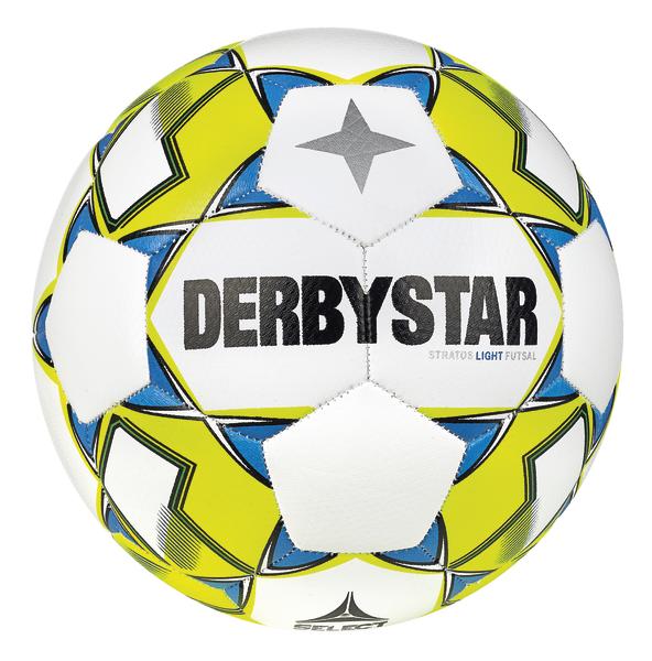 Futsal-Ball Derbystar Stratos Light in Weiß, Gelb und Blau mit Stern-Design.