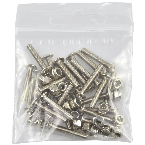 Kunststoffbeutel mit silbernen Schrauben und Muttern aus Edelstahl, Schraubenset für Montage.