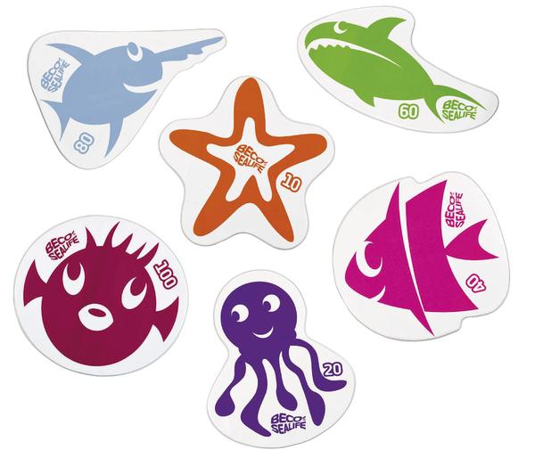 Blauer Hammerhai, Grüner Hai, Oranger Seestern, Pinker Fisch,Lila Oktopu und Dunkelroter Kugelfisch Aufkleber.