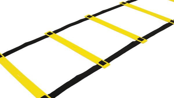 Agility-Leiter mit gelben Sprossen und schwarzen Bändern für Schnelligkeitstraining.