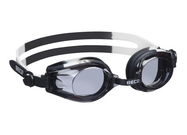 Schwarze und weiße Schwimmbrille mit getönten Gläsern und verstellbarem Gurt.