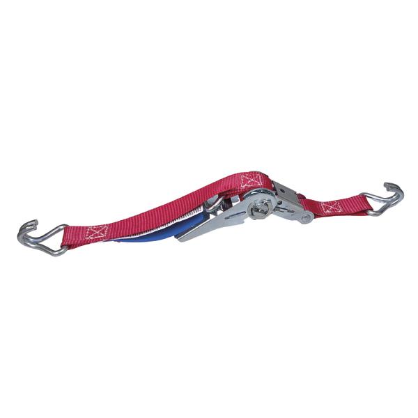 Spanngurt mit Ratsche und zwei Metallhaken zur sicheren Befestigung und Fixierung von Sportgeräten oder Transportgut.