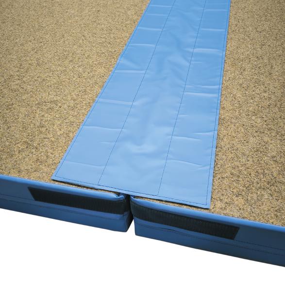 Blauer Schutzstreifen auf zwei verbundenen Turnmatten mit Klettverschluss für sicheren Halt.