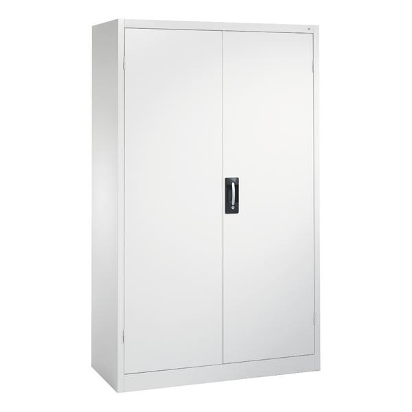 Weißer Metallschrank mit Doppeltüren und schwarzem Griff, ideal für Büro oder Lager.