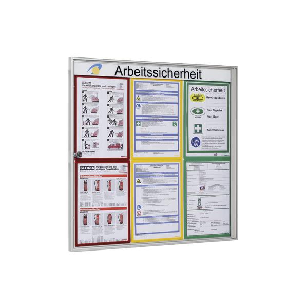 Übersichtstafel zur Arbeitssicherheit mit Sicherheitsanweisungen und Brandschutzhinweisen.