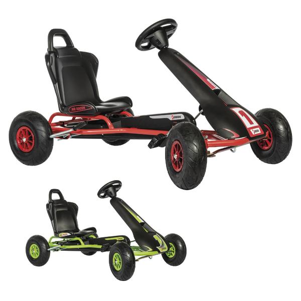 Rotes und grünes Kinder-Kettcar mit schwarzem Sitz und robusten Reifen für Outdoor-Spaß.