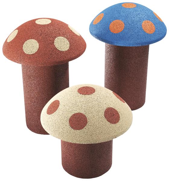 Buntes Riesenschwammerl aus Gummi in Rot, Blau und Beige mit Punkten, ideal für Kinderbereiche.