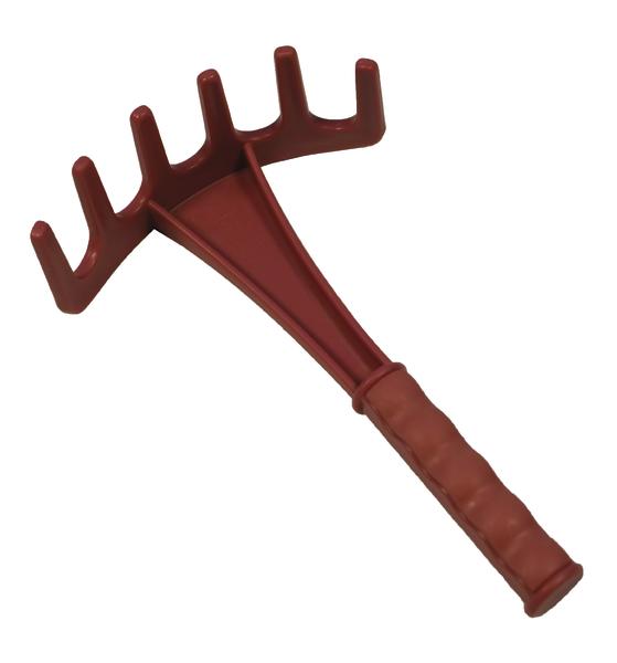 Roter Kunststoff-Rechen mit ergonomischem Griff und fünf Zinken.