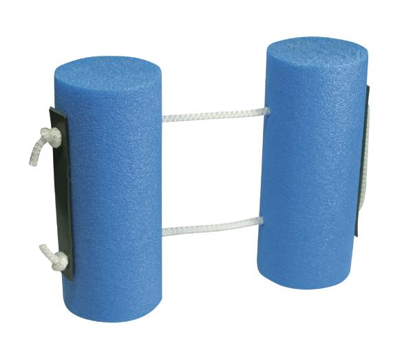 Blauer Schwimmtrainer mit zwei Schaumstoffrollen und verbindender Schnur für Wassersport.