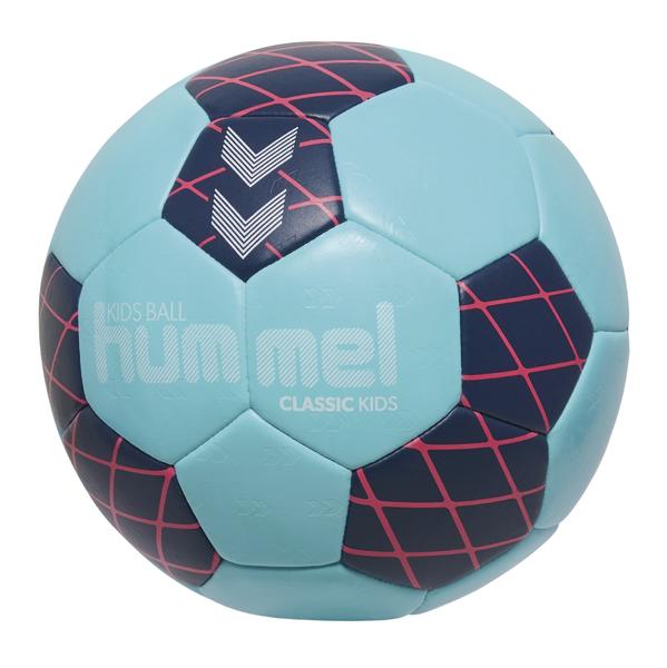 Türkisfarbener Kinderhandball mit dunklen Einsätzen, pinkem Gittermuster und Aufschrift „hummel Classic Kids“ vor weißem Hintergrund.