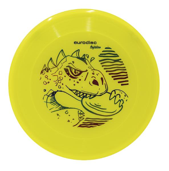 Gelbe Eurodisc Softline Frisbee mit Drachen-Motiv und Streifen-Design in der Mitte.
