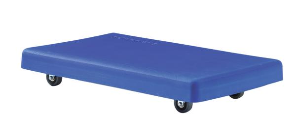 Blauer Rollbrett mit Polster und vier Lenkrollen.