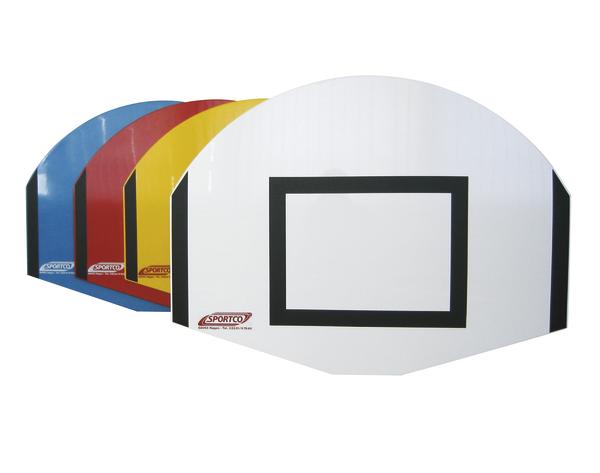 Mehrere bunte Basketball-Backboards in Blau, Rot, Gelb und Weiß, gestapelt.