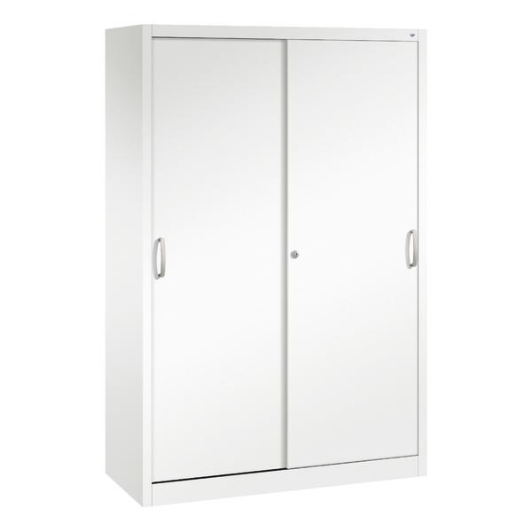 Weißer Metallschrank mit zwei Schiebetüren und Griffen, abschließbar, für Büro oder Lager.