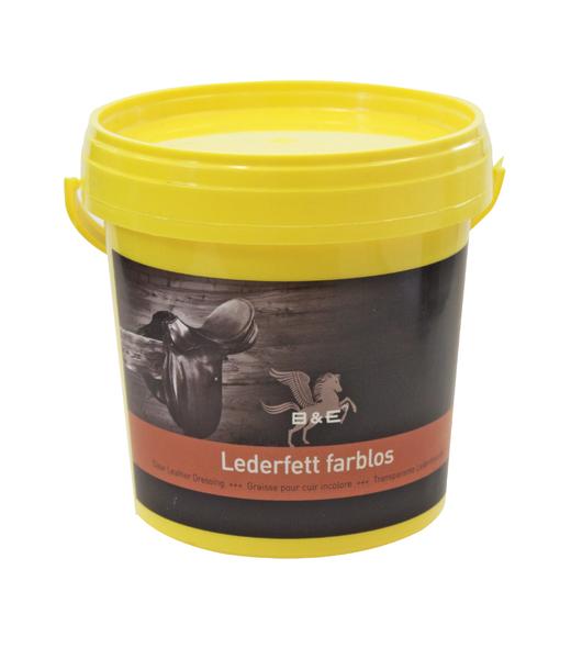 Gelber Eimer mit farblosem Lederfett zur Lederpflege, Marke B&E, auf weißem Hintergrund.