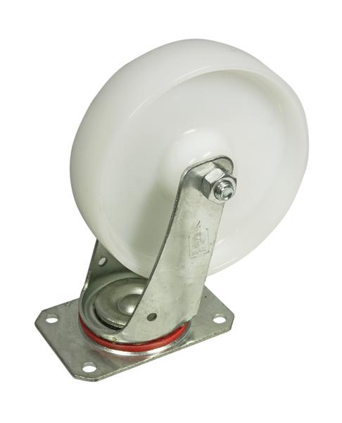 Weißes Lenkrollen-Rad aus Kunststoff mit Metallhalterung und Befestigungsplatte.