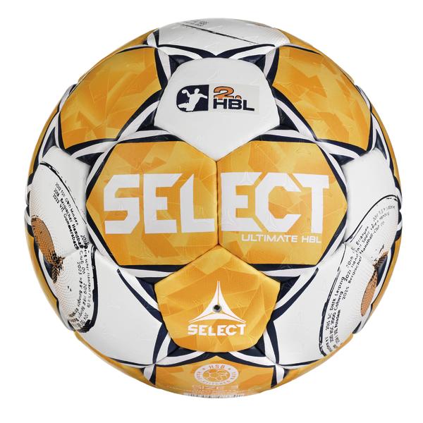 Rückansicht des Handballs mit orange-weißem Design. Auf der Rückseite sind das 2. HBL-Logo, die Aufschrift „SELECT ULTIMATE HBL“, das SELECT-Logo sowie die Größenangabe „Size 2“ sichtbar.