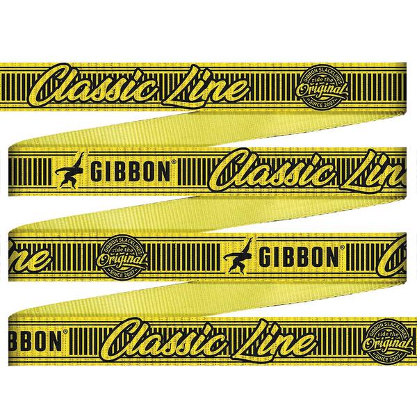 Gelbe Gibbon Classic Line Slackline mit schwarzer Schrift und Logo, ideal für Balance-Training.