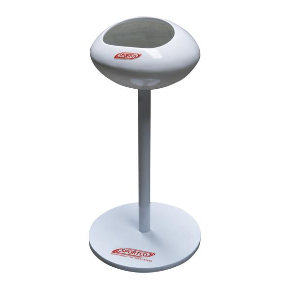 Weißer Sportco Golfball-Halter mit rundem Sockel und Ständer, isoliert auf weißem Hintergrund.