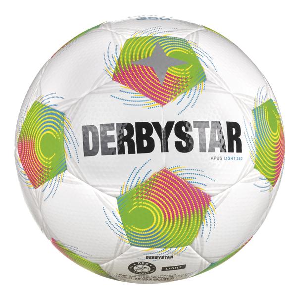 Rückseite weißer Fußball mit bunten grafischen Mustern in Grün und Pink