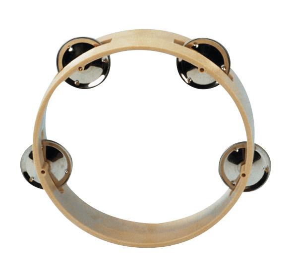 Holz-Tamburin mit fünf Paaren von Metall-Schellen, weißer Hintergrund.